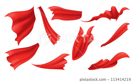 Woman superhero silhouette costume element set. Scarlet fabric silk cloak. Mantle costume or cover cartoon vector illustration 113414219