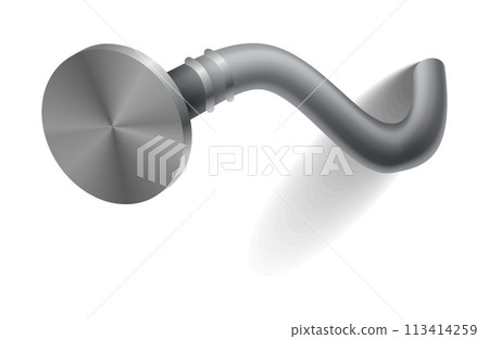 Hammered nail on surface. Iron, steel or silver pin head. Bent metal spike or hobnail with cap in cartoon style. Vector grey hardware for home construction, isolated on white background Hammered nail on surface. Iron, steel or silver pin head. Bent metal spike or hobnail with cap in cartoon style. Vector grey hardware for home construction, isolated on white background 113414259
