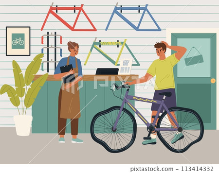 Unhappy cyclist bringing broken bicycle to repair shop garage 113414332