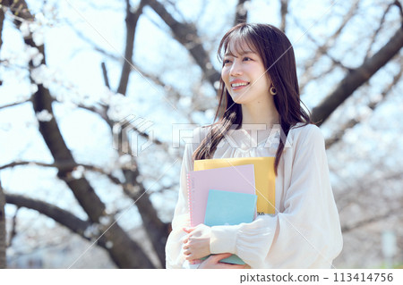 A woman walking along a riverbed of cherry blossom trees A woman walking along a riverbed of cherry blossom trees 113414756