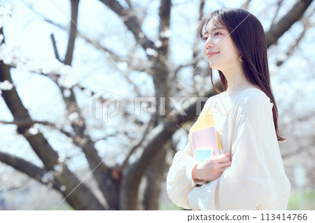 A woman walking along a riverbed of cherry blossom trees 113414766