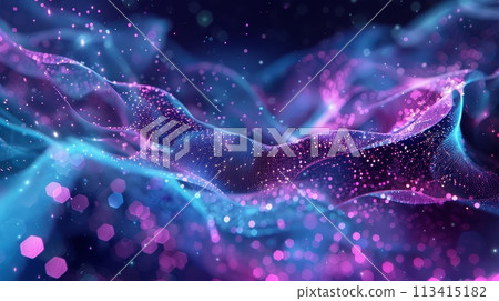 Enigmatic digital wave with swirling particles, creating a mesmerizing abstract backdrop. 113415182