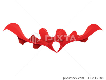 Superhero red cape. Scarlet fabric silk cloak in front view. Carnival masquerade dress, realistic costume design. Flying Mantle costume 113415188