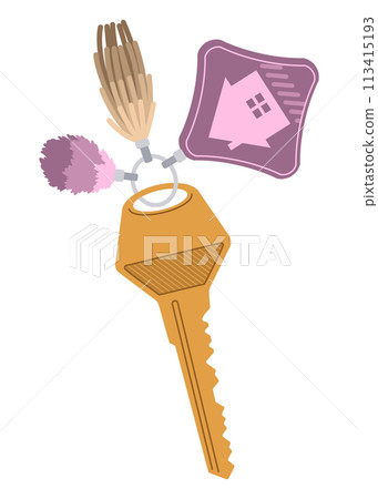 Door keys keyfob. Ring with trinket, keychains plastic tag hanging on keyring. House, apartment or room locking accessories. Cartoon flat vector isolated on white background Door keys keyfob. Ring with trinket, keychains plastic tag hanging on keyring. House, apartment or room locking accessories. Cartoon flat vector isolated on white background 113415193