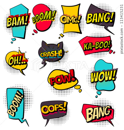 Comic colored hand drawn speech bubbles. Set retro cartoon stickers. Funny design vector items illustration. Comic text WOW, boom, bang collection sound effects in pop art style 113415231