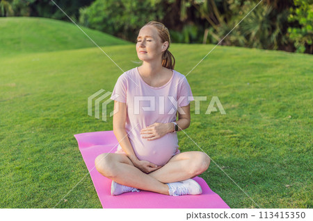 Energetic pregnant woman takes her workout outdoors, using an exercise mat for a refreshing and health-conscious outdoor exercise session 113415350