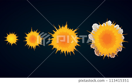 Explosion animation. Animation for game of the explosion effect. Cartoon animation for game. Exploding effect frames. Hand drawn vector illustration 113415351