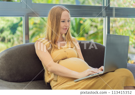 Pregnant woman working on laptop. Expectant woman efficiently works from home during pregnancy, blending professional commitment with maternal duties 113415352
