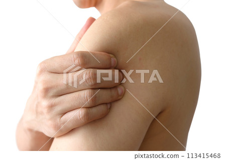 Men have neck pain, shoulder pain in the room. health concept. Men have neck pain, shoulder pain in the room. health concept. 113415468