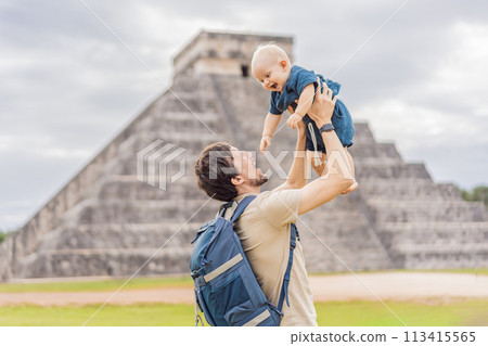 Father and son tourists observing the old pyramid and temple of the castle of the Mayan architecture known as Chichen Itza these are the ruins of this ancient pre-columbian civilization and part of 113415565