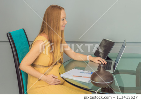 Expectant woman enhances work environment, using an aroma diffuser for a soothing atmosphere during pregnancy 113415627