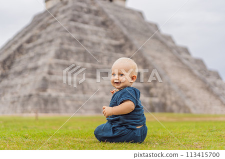 Baby traveler, tourists observing the old pyramid and temple of the castle of the Mayan architecture known as Chichen Itza these are the ruins of this ancient pre-columbian civilization and part of 113415700