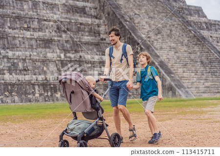 Father and two sons tourists observing the old pyramid and temple of the castle of the Mayan architecture known as Chichen Itza these are the ruins of this ancient pre-columbian civilization and part Father and two sons tourists observing the old pyramid and temple of the castle of the Mayan architecture known as Chichen Itza these are the ruins of this ancient pre-columbian civilization and part 113415711