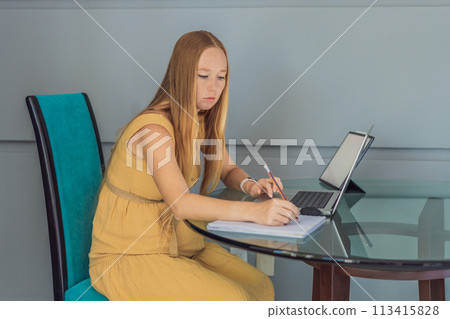 Beautiful pregnant woman working on laptop. Young businesswoman working in her office 113415828