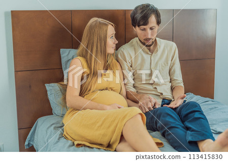 Concerned husband anxiously worries about his wife's pregnancy, seeking reassurance and support Concerned husband anxiously worries about his wife's pregnancy, seeking reassurance and support 113415830