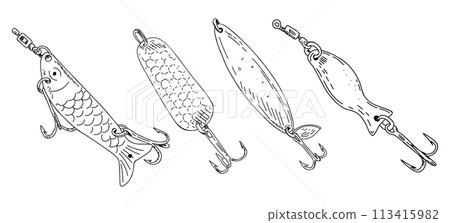 Fish hook minnow vector illustration tackle set. Fly metal spinner lure feeding. Bait line drawing. Ink silhouette black outline drawing. Fishing spoon angler tool. Sharp triple catch sport equipment Fish hook minnow vector illustration tackle set. Fly metal spinner lure feeding. Bait line drawing. Ink silhouette black outline drawing. Fishing spoon angler tool. Sharp triple catch sport equipment 113415982