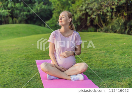 Energetic pregnant woman takes her workout outdoors, using an exercise mat for a refreshing and health-conscious outdoor exercise session Energetic pregnant woman takes her workout outdoors, using an exercise mat for a refreshing and health-conscious outdoor exercise session 113416032
