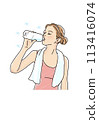 A woman holding a plastic bottle and drinking water, hydration 113416074