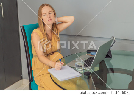 Beautiful pregnant woman working on laptop. Young businesswoman working in her office Beautiful pregnant woman working on laptop. Young businesswoman working in her office 113416083