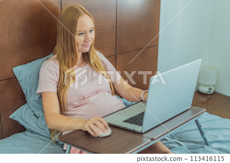Pregnant woman working on laptop. Expectant woman efficiently works from home during pregnancy, blending professional commitment with maternal duties Pregnant woman working on laptop. Expectant woman efficiently works from home during pregnancy, blending professional commitment with maternal duties 113416115