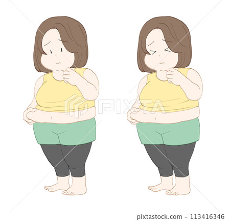 一組超重的女性捏著肚子 113416346