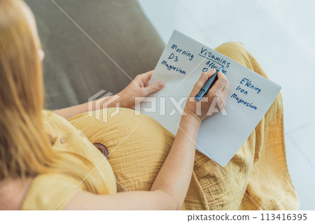 Expectant woman diligently compiles a list of doctor-prescribed vitamins for a healthy pregnancy, ensuring optimal care and well-being 113416395