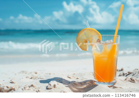 Spring serenity, refreshing drinks on a sandy beach. Spring serenity, refreshing drinks on a sandy beach. 113416746