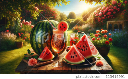 Very delicious watermelon Watermelon juice Watermelon orchard Watermelon party Commercial watermelon pictures Watermelon dessert feast Watermelon production season 113416991