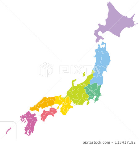 A simple map of Japan omitting the 47 prefectures and islands, color-coded by region 113417182