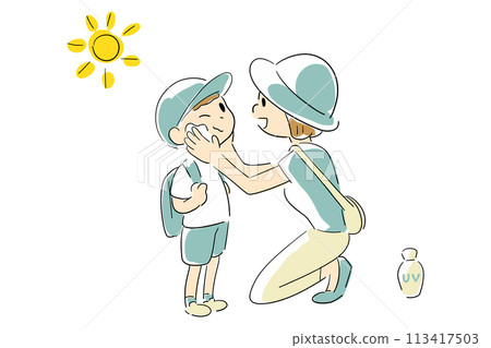 A woman applying sunscreen to her child 113417503