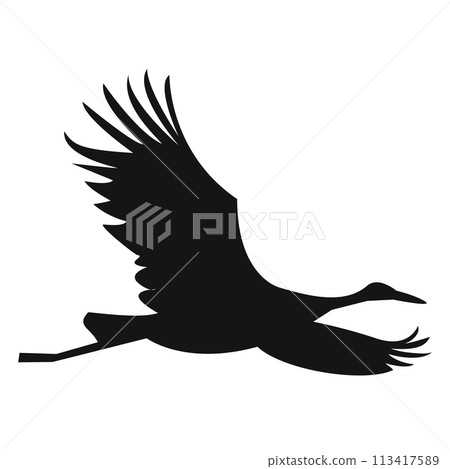 A black crane flying in the sky. A contour illustration for the design of a postcard. A black crane flying in the sky. A contour illustration for the design of a postcard. 113417589