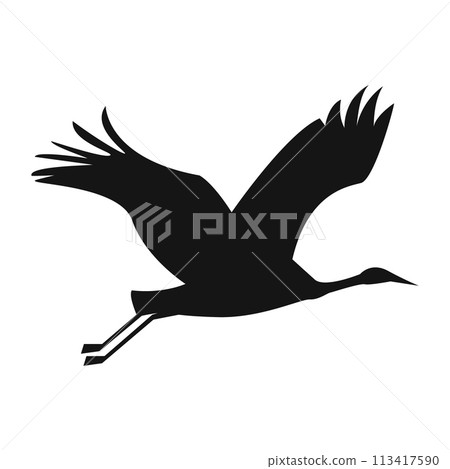A black crane flying in the sky. A contour illustration for the design of a postcard. 113417590