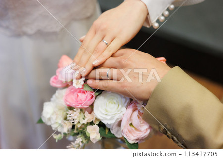 新娘和新郎手牽手,戴著結婚戒指 新娘和新郎手牽手,戴著結婚戒指 113417705