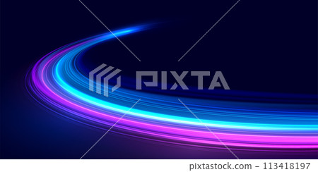 Modern abstract high speed movement. Dynamic motion light trails on dark blue background. Futuristic digital technology movement concept. Pattern for banner. Vector EPS10. 113418197