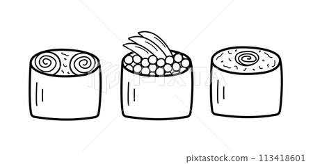 Sushi and rolls set doodle style. Vector illustration of Japanese Asian cuisine, menu icons for restaurants. 113418601