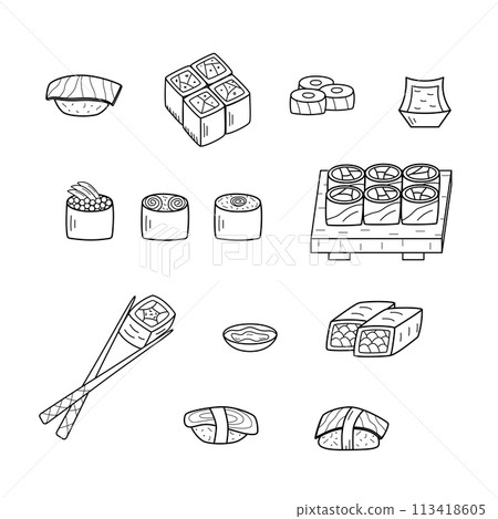 Sushi and rolls set doodle style. Vector illustration of Japanese Asian cuisine, menu icons for restaurants. 113418605