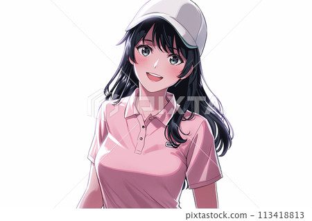 Smiling golf girl wearing a polo shirt 113418813
