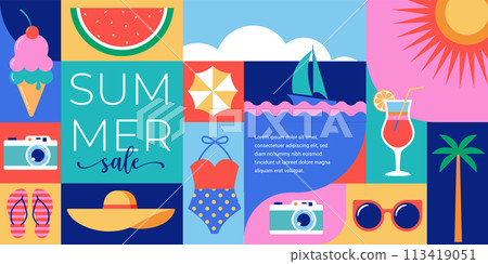 Colorful Geometric Summer and Travel Background, poster, banner. Summer time fun concept design 113419051