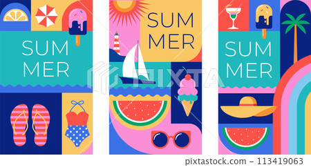 Colorful Geometric Summer and Travel Background, story templates, cards, posters, banners. Summer Colorful Geometric Summer and Travel Background, story templates, cards, posters, banners. Summer 113419063