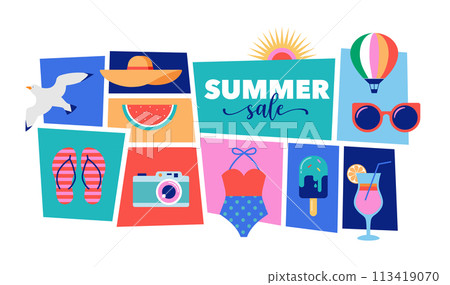 Colorful Geometric Summer and Travel Background, poster, banner. Summer time fun concept design Colorful Geometric Summer and Travel Background, poster, banner. Summer time fun concept design 113419070