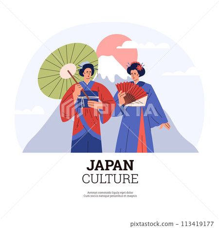 Poster with women in Japanese kimono with traditional accessories. Poster with women in Japanese kimono with traditional accessories. 113419177