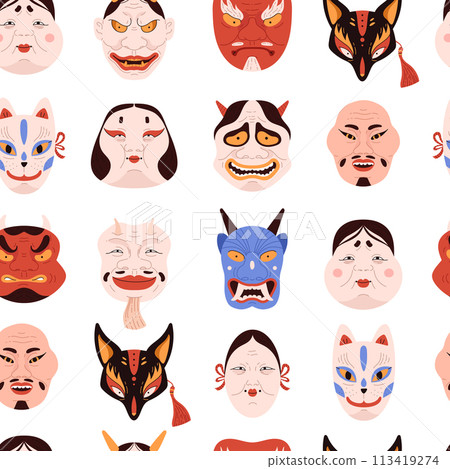 Vector seamless pattern of Japanese Kabuki mask: Okami, Noh theater, demons, Kitsune on a white background Vector seamless pattern of Japanese Kabuki mask: Okami, Noh theater, demons, Kitsune on a white background 113419274