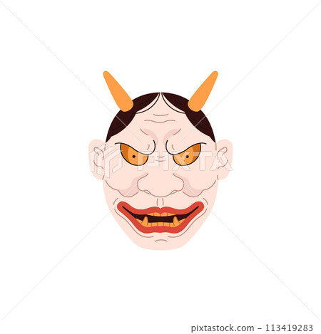 A vector icon of a Japanese Kabuki demon mask with yellow horns on a white background A vector icon of a Japanese Kabuki demon mask with yellow horns on a white background 113419283