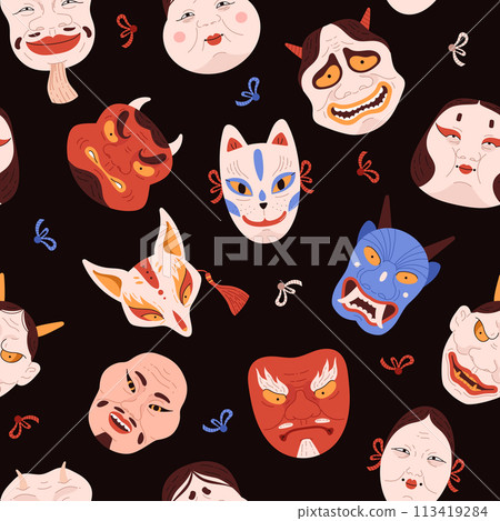 Seamless pattern with Japanese Kabuki theater masks, Asian mythology animal muzzle symbols, authentic face makeup vector Seamless pattern with Japanese Kabuki theater masks, Asian mythology animal muzzle symbols, authentic face makeup vector 113419284