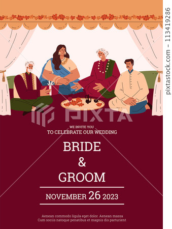 Traditional Indian wedding. Invitation template with text space. Traditional Indian wedding. Invitation template with text space. 113419286