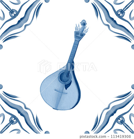 Fado's guitar for traditional songs. Watercolor illustration in blue and white. Simbol of Portuguese culture. Element of azulejo tiles. For stickers, stationery, textiles. 113419308