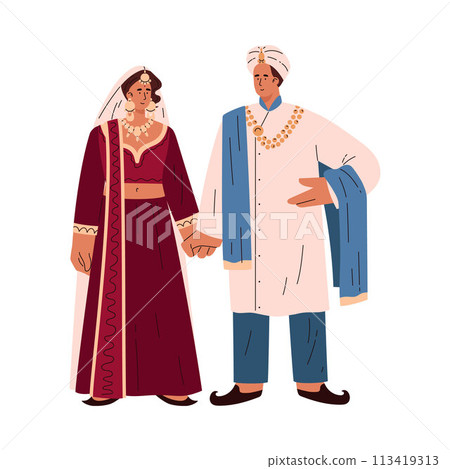 Indian wedding couple in traditional attire on isolated background. 113419313