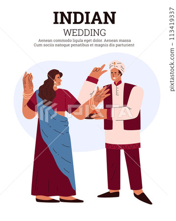 Indian couple in motion, wedding invitation illustration. Indian couple in motion, wedding invitation illustration. 113419337