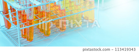 Rows of laboratory test tubes. Scientific glassware for chemical, Laboratory research background. 113419343