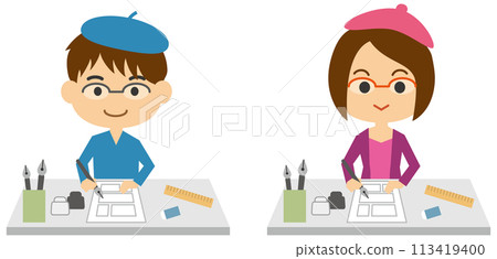 漫畫家工作中的圖像插圖（男性和女性組） 113419400